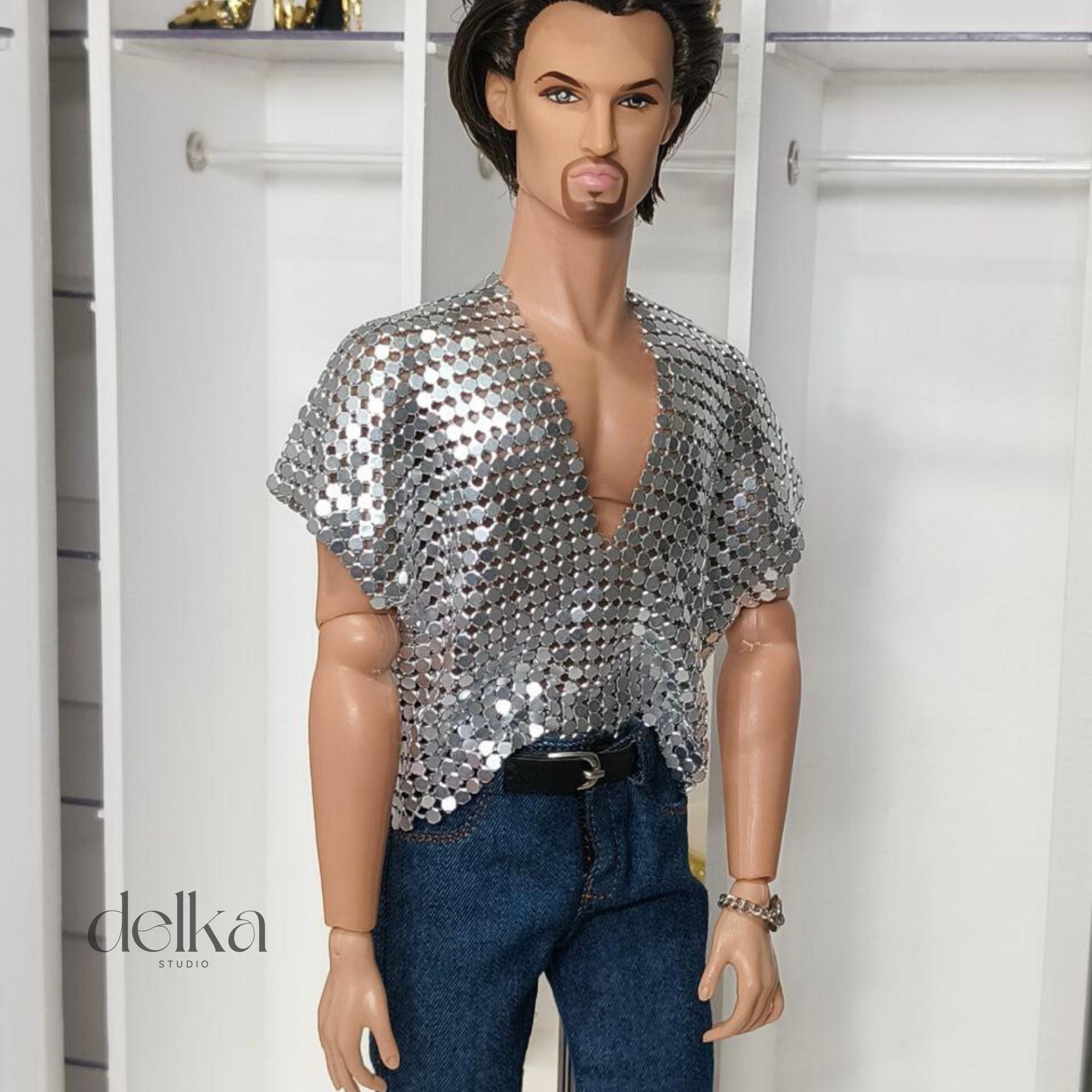 12 inch metallic mesh T-shirt for male Fashion Royalty dolls, 1:6 scale top for man fashion dolls