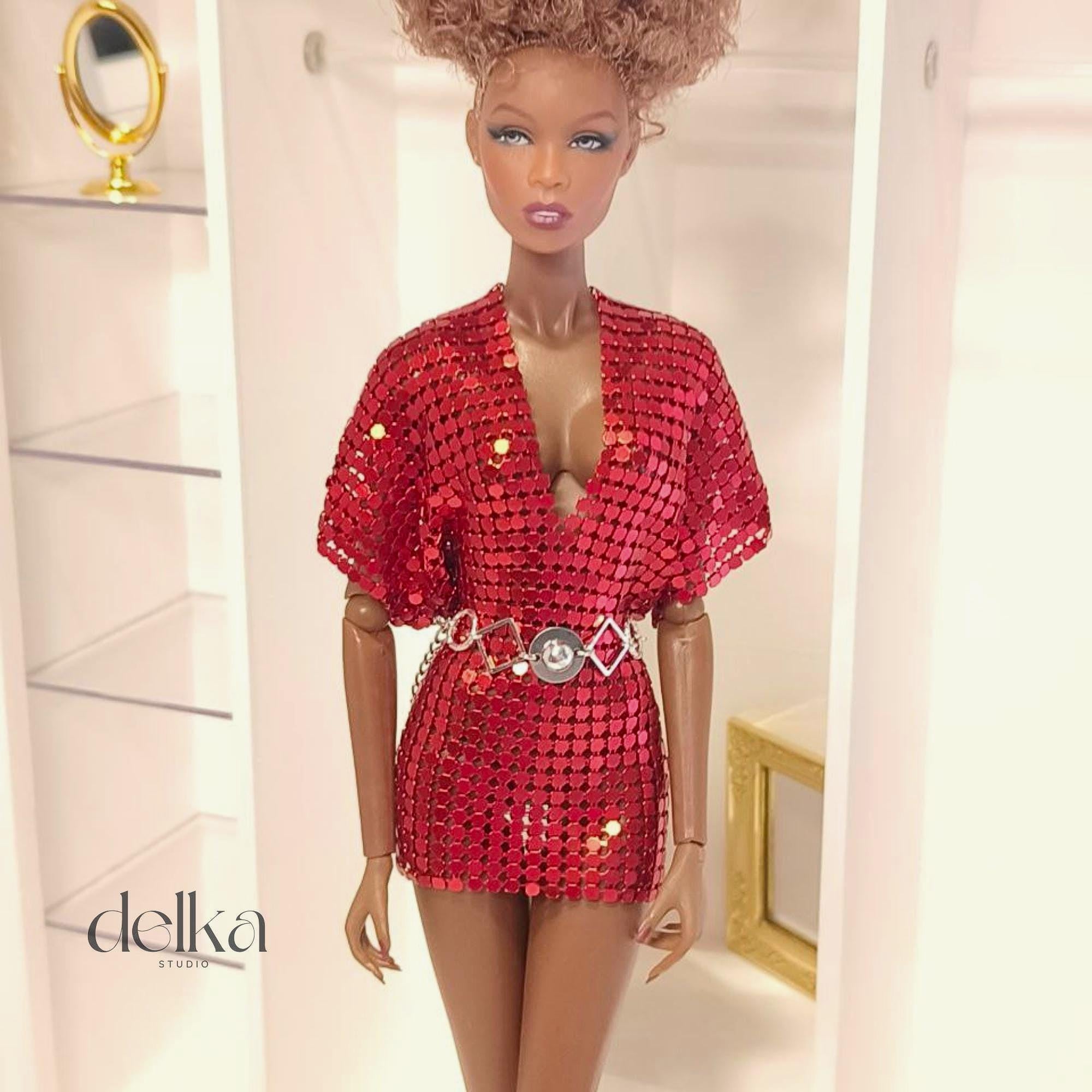 Red Metallic Mesh Dress for Fashion Royalty, 1:6 scale