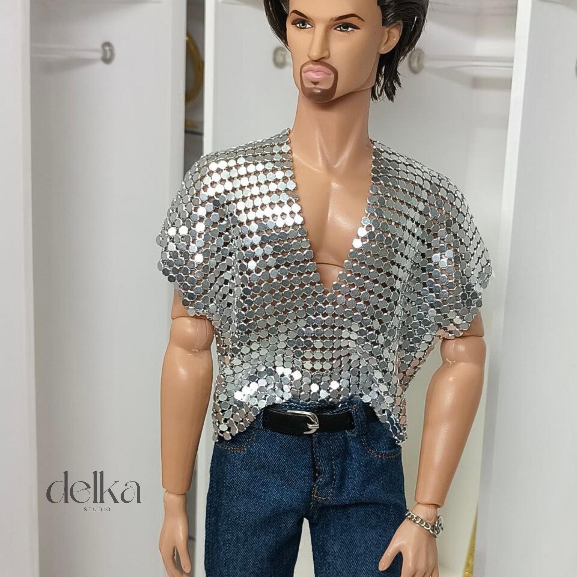 12 inch metallic mesh T-shirt for male Fashion Royalty dolls, 1:6 scale top for man fashion dolls