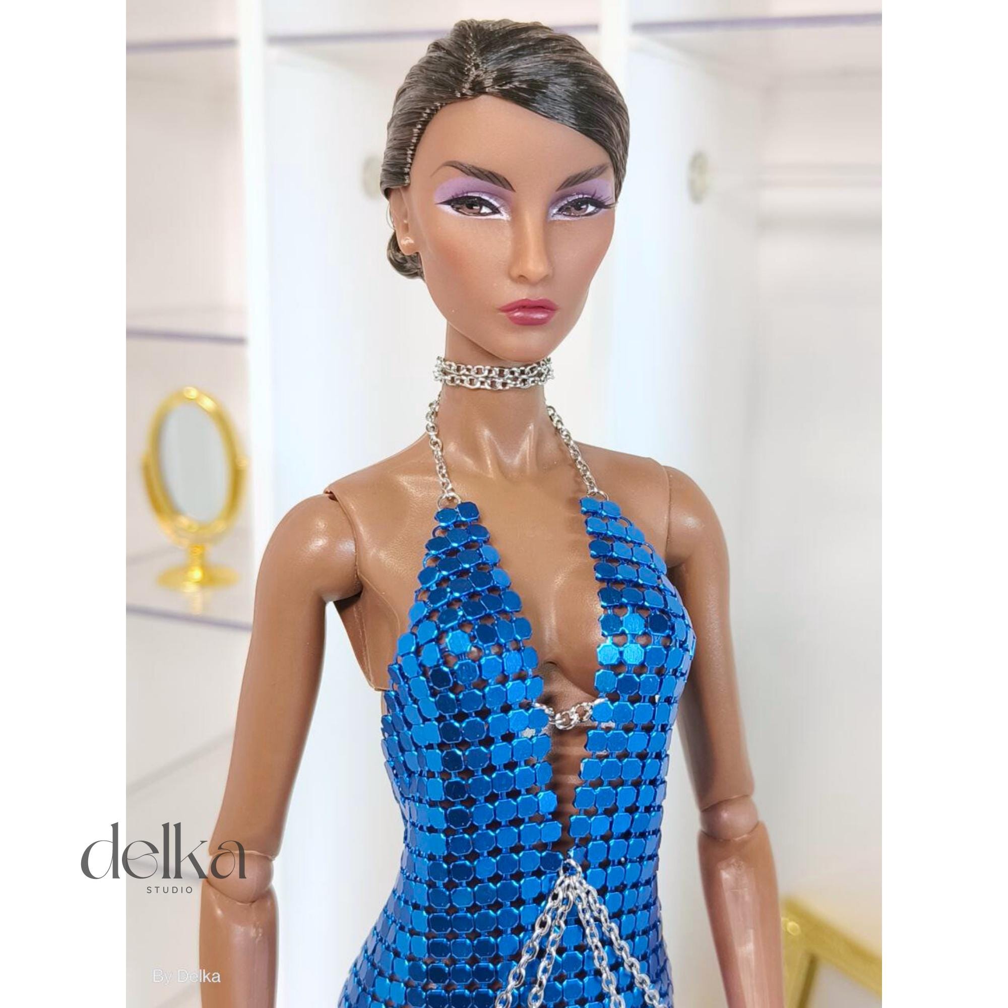Blue Metal Mesh Dress for 12 inch Fashion Dolls, Gift for Collectors