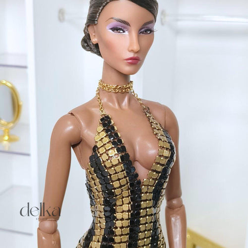 12 inch metallic black and gold dress for Fashion Royalty dolls, 1:6 scale mesh dress for fashion dolls, gift for doll collector