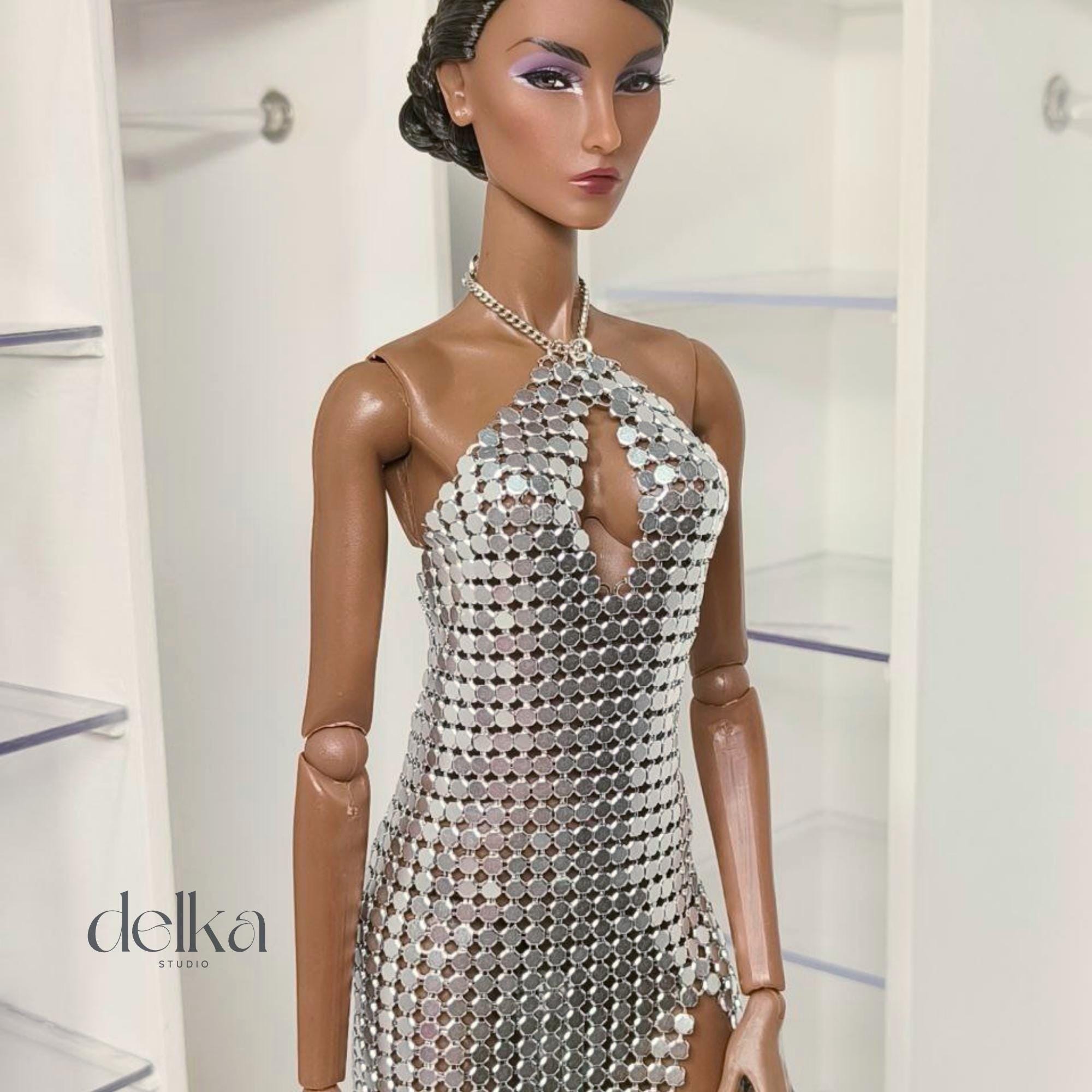 Silver Metallic Mesh Gown for 12-inch Fashion Dolls, 1:6 Scale