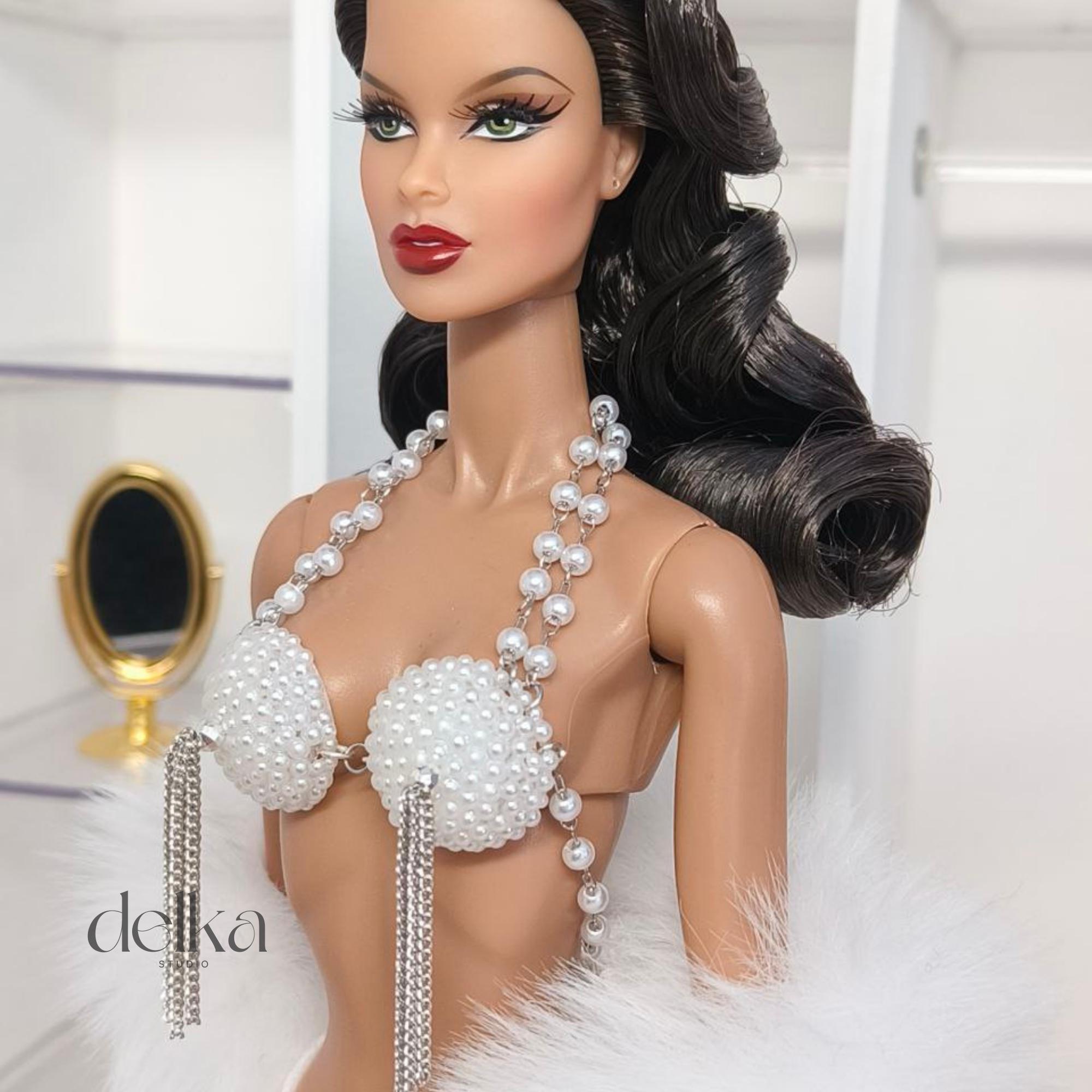 Cabaret Bra Top for 12 inch Fashion Dolls, Pearl & Chain Detail