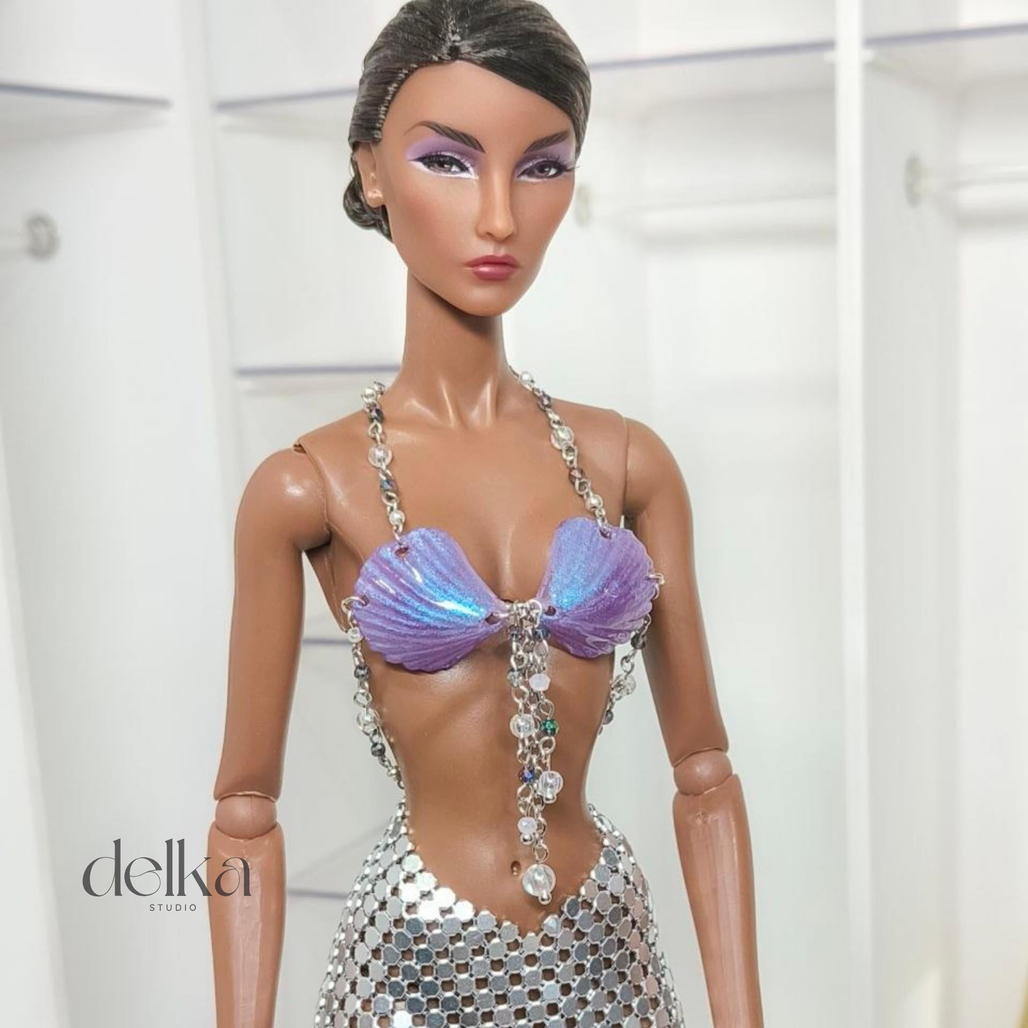 Mermaid top and metallic mesh skirt for 1/6-scale fashion dolls